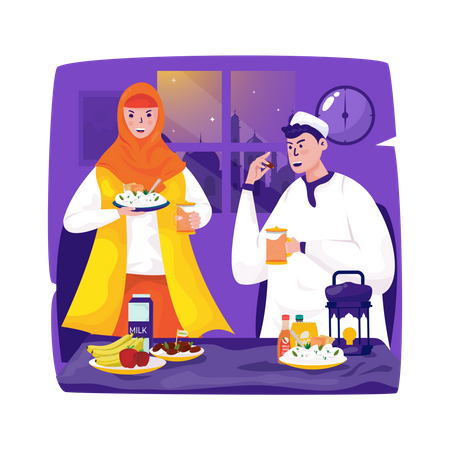 Muslim couple breaking the fast Illustration