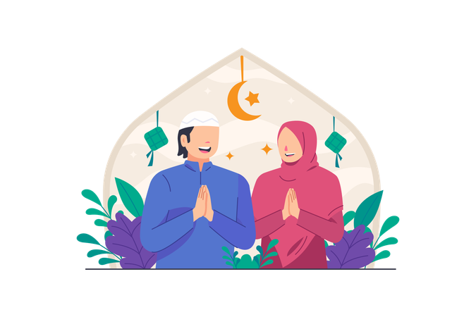 Muslim Couple Celebrate Eid Al Fitr  Illustration