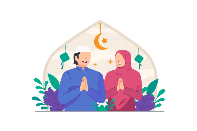 Muslim Couple Celebrate Eid Al Fitr  Illustration
