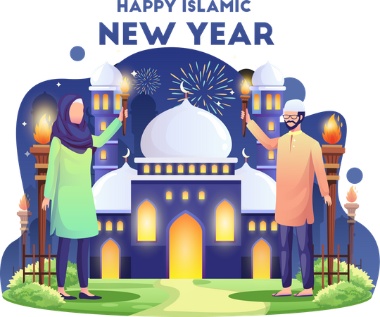 Muslim couple celebrating Islamic new year Illustration