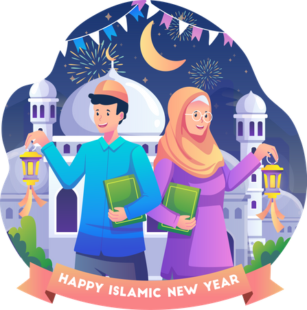 Muslim couple celebrating Islamic New Year Illustration