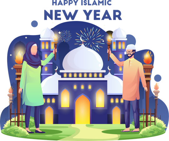 Muslim couple celebrating Islamic new year  Illustration