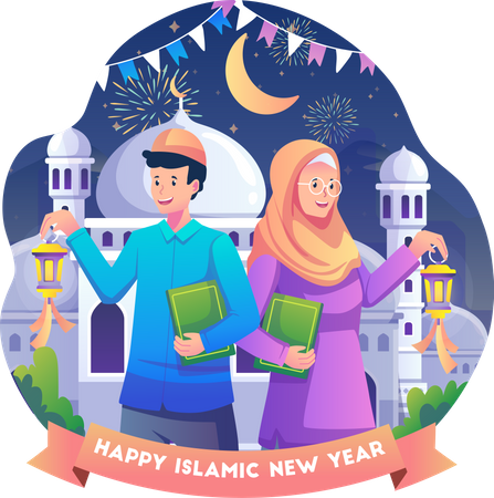 Muslim couple celebrating Islamic New Year  Illustration