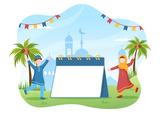 Islamic New Year Day Or 1 Muharram Vector Background Illustration Of Muslim Family Celebrating Can Be Use For Greeting Card Or Invitation Illustration