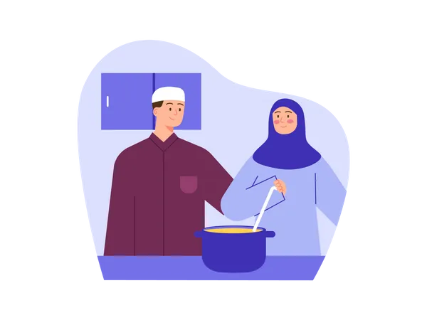 Muslim couple cooking food in kitchen  Illustration