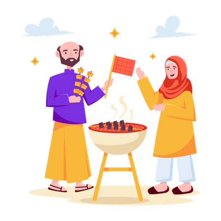 Muslim couple doing barbeque  Illustration
