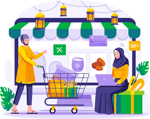 Muslim People Are Shopping Online Through Websites On A Giant Desktop A Woman Sitting With Her Laptop And A Man Is Holding A Trolley Ramadan Sale And Shopping Concept Illustration Illustration
