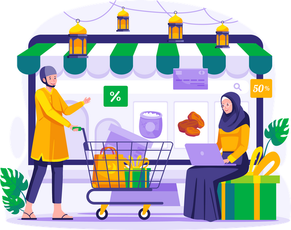 Muslim couple doing online shopping  Illustration