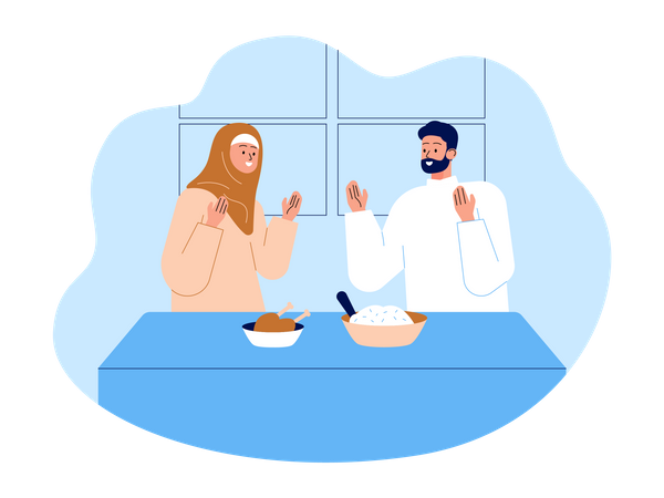 Muslim couple doing prayer before taking iftar food  Illustration