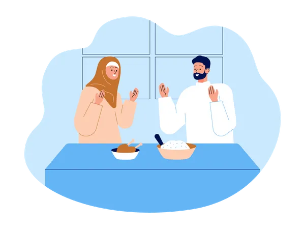 Muslim couple doing prayer before taking iftar food  Illustration