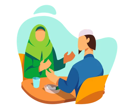 Muslim couple enjoying iftar meal  Illustration