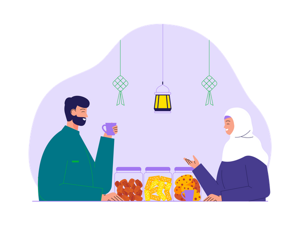 Muslim couple enjoys ramadan dinner  Illustration