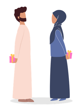 Best Premium Muslim couple giving gift to each other Illustration download  in PNG & Vector format
