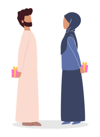 Muslim couple giving gift to each other  Illustration