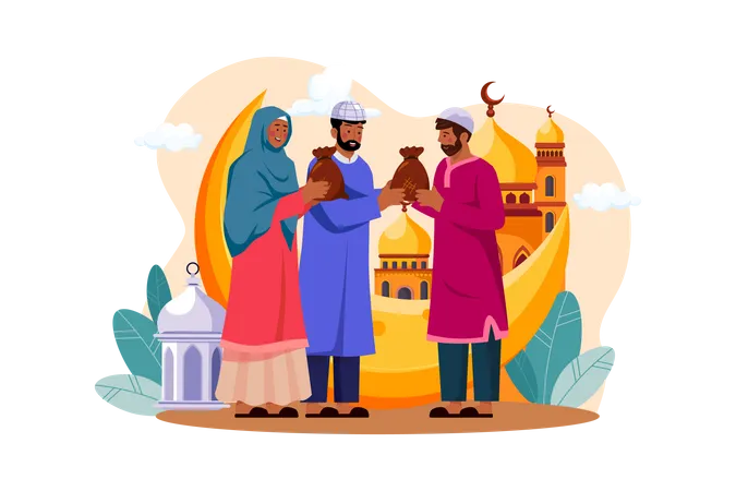 Muslim couple giving zakat Illustration