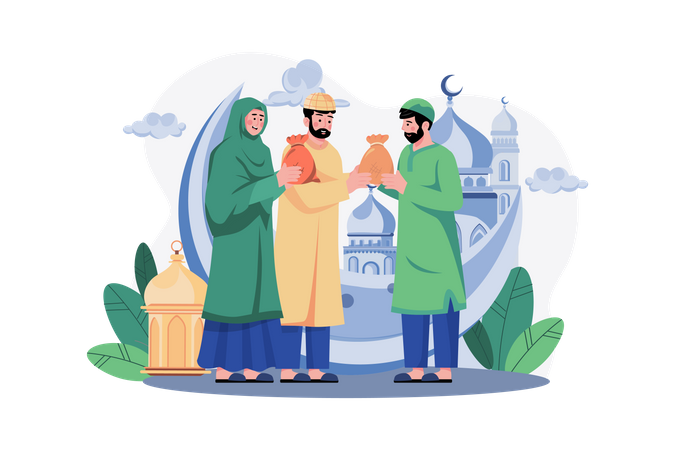 Muslim couple giving zakat  Illustration