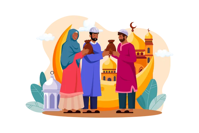 Muslim couple giving zakat  Illustration