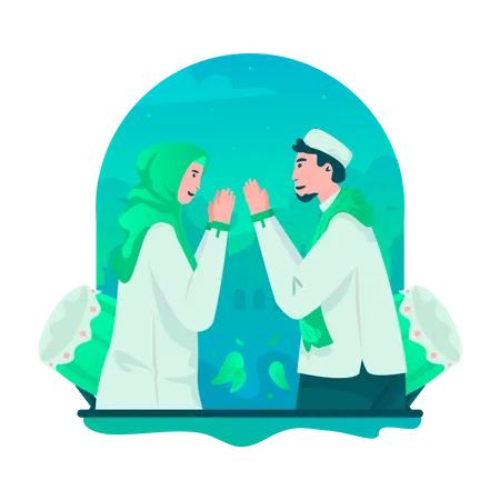 Muslim Couple Greeting Each Other For Eid Mubarak Concept Illustration