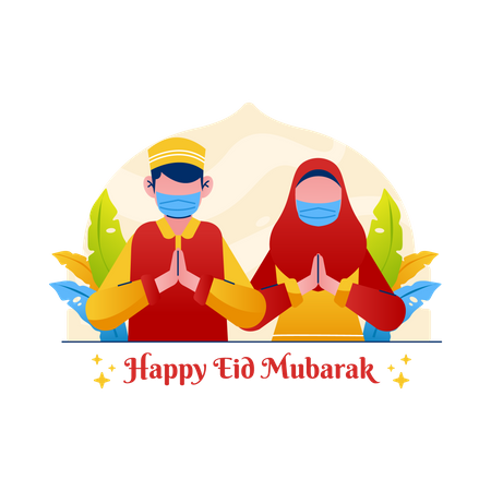 Muslim couple greeting Eid Mubarak  Illustration