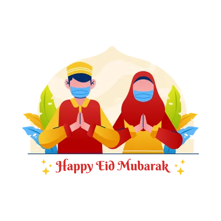 Muslim couple greeting Eid Mubarak  Illustration