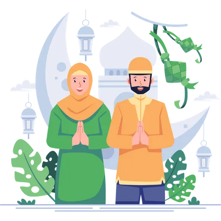 Muslim couple greeting for Eid  Illustration