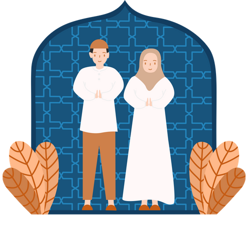 Muslim Couple Greeting For Eid Fitri  Illustration