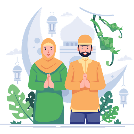 Muslim couple greeting for Eid  Illustration