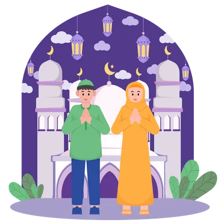 Muslim couple greeting for Ramadan  Illustration