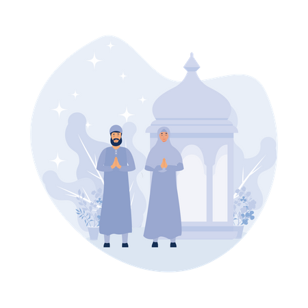 Muslim couple greeting for ramadan  Illustration