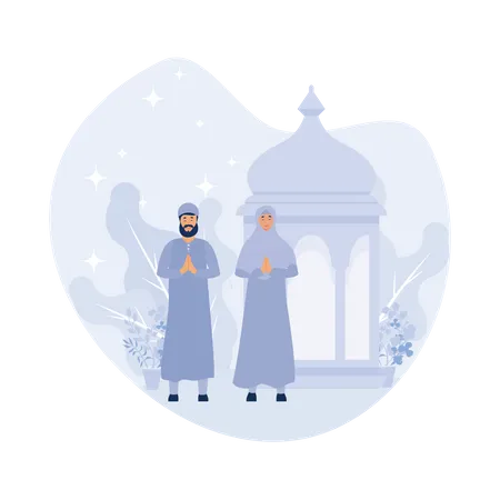 Muslim couple greeting for ramadan  Illustration