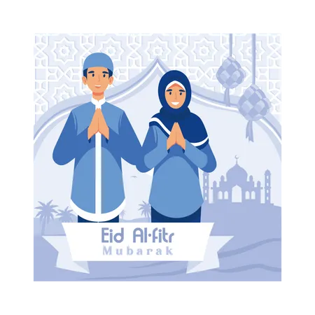 Muslim couple greeting on eid Illustration