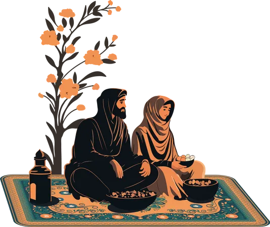 Muslim Couple Having Delicious Meals Illustration