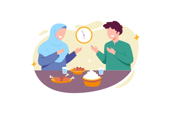 Muslim couple having food during Iftar Time  Illustration