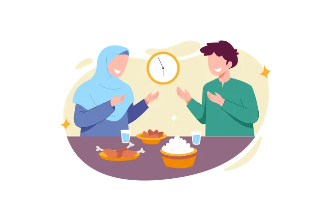 Muslim couple having food during Iftar Time  Illustration