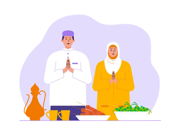 Muslim couple having iftar Illustration
