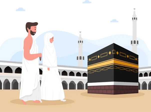 Muslim couple is doing Islamic hajj pilgrimage  Illustration