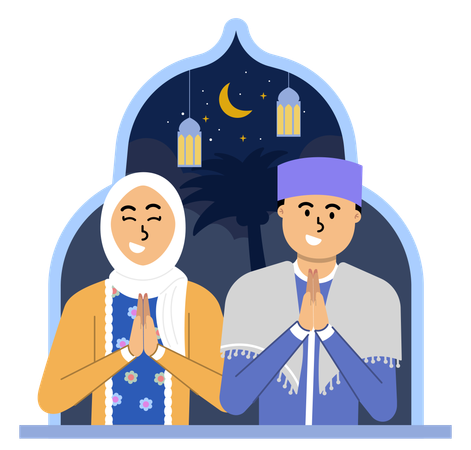 Muslim Couple Joyful Put Hands Together in Celebration of Eid al-Fitr  Illustration