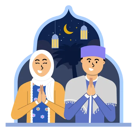 Muslim Couple Joyful Put Hands Together in Celebration of Eid al-Fitr  イラスト