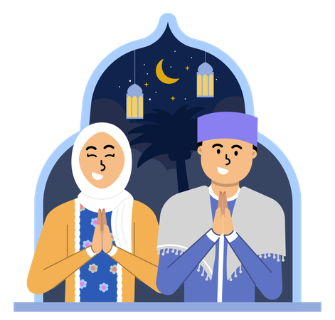 Muslim Couple Joyful Put Hands Together in Celebration of Eid al-Fitr  イラスト