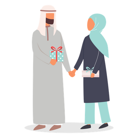 Muslim couple on a date giving a gift  Illustration