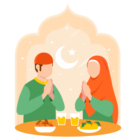 Muslim couple paying on Iftar Time  Illustration