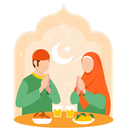 Muslim couple paying on Iftar Time  Illustration