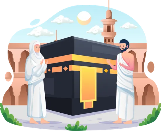 Muslim couple performs Islamic Hajj Pilgrimage  Illustration