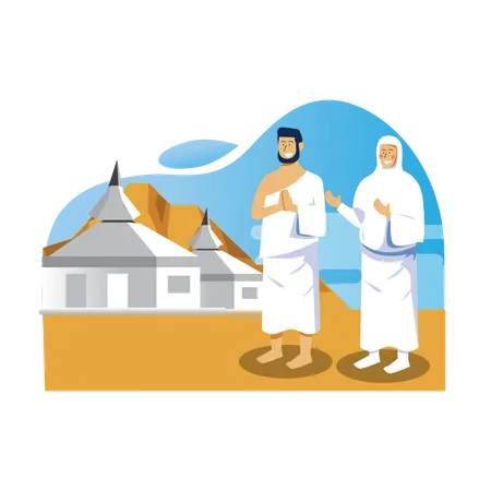 Muslim couple performs Islamic hajj pilgrimage stay at Mina  Illustration