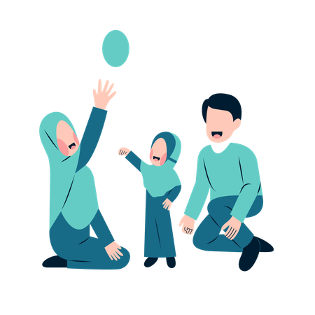 Muslim Couple Playing With Kid  Illustration