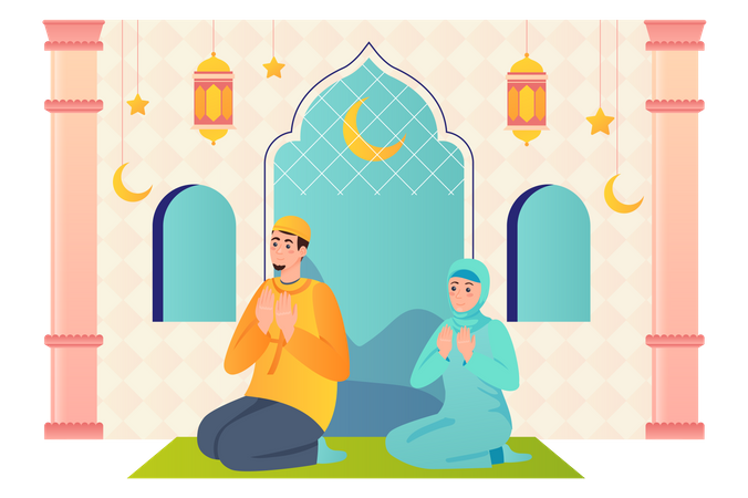 Muslim couple praying at a mosque Illustration