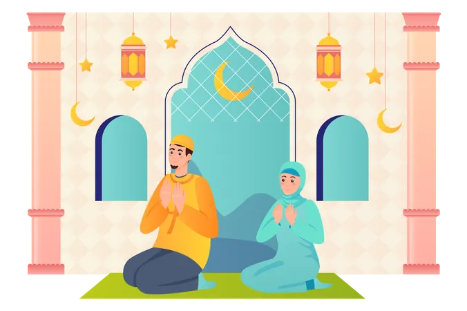 Muslim couple praying at a mosque  Illustration
