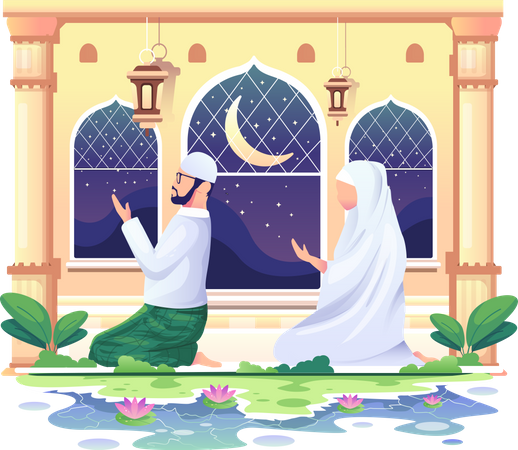 Muslim couple praying at a mosque  Illustration