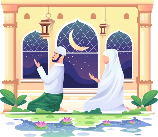 Muslim couple praying at a mosque  Illustration