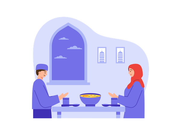 Muslim couple praying before eating Illustration